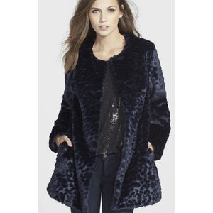 Sam Edelman Faux Fur Teddy Coat Navy Plush Jacket Soft Plush Leopard Jacquard Sm